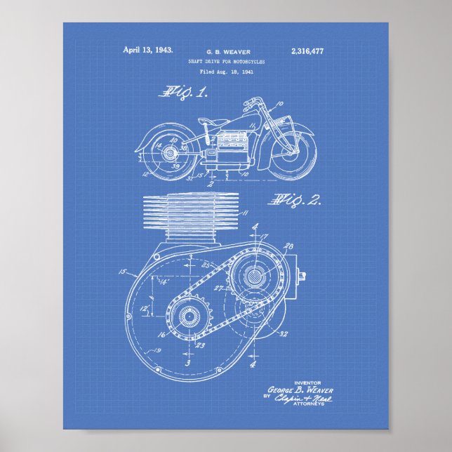 Motorcycles 1943 Patent Art Blueprint Poster (Front)