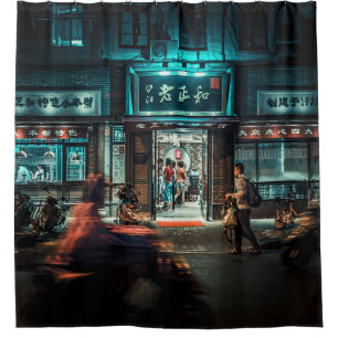 MOTORCYCLES AND PEOPLE PASSING BY AT NIGHT TIME SHOWER CURTAIN