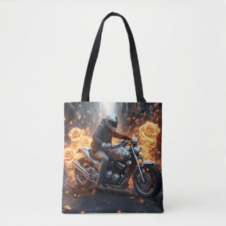 Motorcyclist among the roses tote bag
