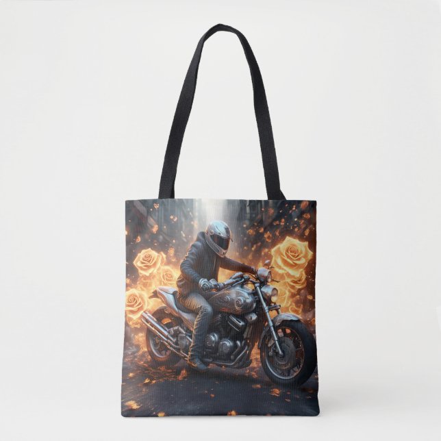 Motorcyclist among the roses tote bag (Front)