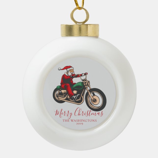 Motorcyclist Merry Christmas Ceramic Ball Christmas Ornament (Front)