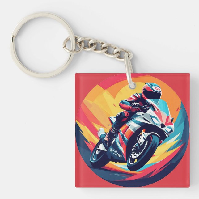 Motorcyclist Racing Dynamic Illustration Key Ring (Front)