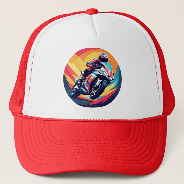 Motorcyclist Racing Dynamic Illustration Trucker Hat (Front)