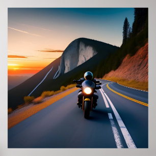 Motorcyclist Riding Along Mountain Road Poster
