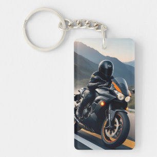 Motorcyclist Riding High-Performance Bike Key Ring