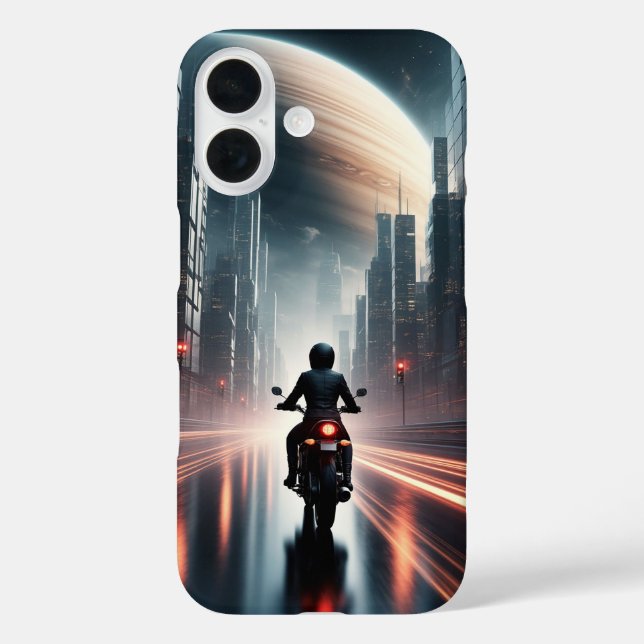 Motorcyclist Riding in Futuristic City with Planet Case-Mate iPhone Case (Back)