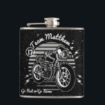 Motorcyle Biker Best Man Monogram Hip Flask<br><div class="desc">Motorcycle bike theme for Team Groom. Monogram your best man's or groomsman's initials to create a custom wedding thank you gift flask. Retro and vintage style look. Change black background colour to colour of your own choice. Go Fast or Go Home tagline can be changed to your own words of...</div>