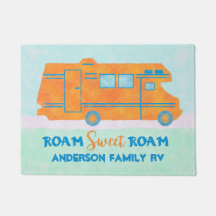Motorhome Orange RV Summer Camper   Family Name Doormat