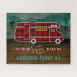 Motorhome RV Camper Travel Van Rustic Personalised Jigsaw Puzzle<br><div class="desc">This custom design with a rustic look is perfect for your home-away-from-home on wheels. It shows a red plaid motor home | camper. The RV travels over a background that had a wood grain look with mountains and pine trees. The original text says, "Roam Sweet Roam." Use the easy template...</div>