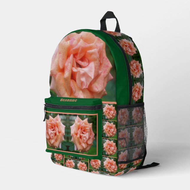 Mottled Peach Rose In Bloom Personalised Printed Backpack (Back Corner Right)