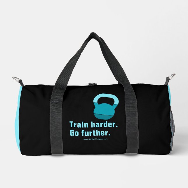 Motto Train Harder Go Further Electric-Blue Black Duffle Bag (Front)