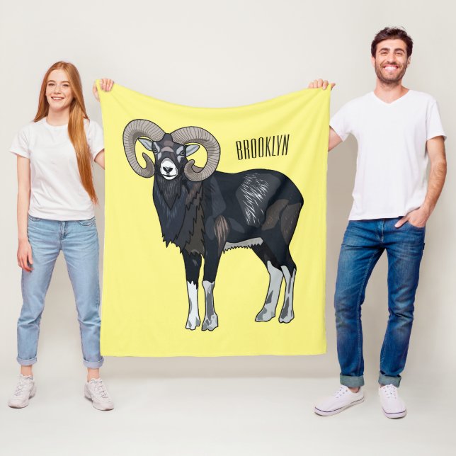 Mouflon sheep cartoon illustration fleece blanket (In Situ)