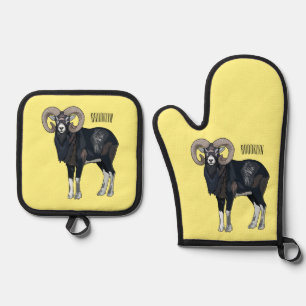Mouflon sheep cartoon illustration oven mitt & pot holder set