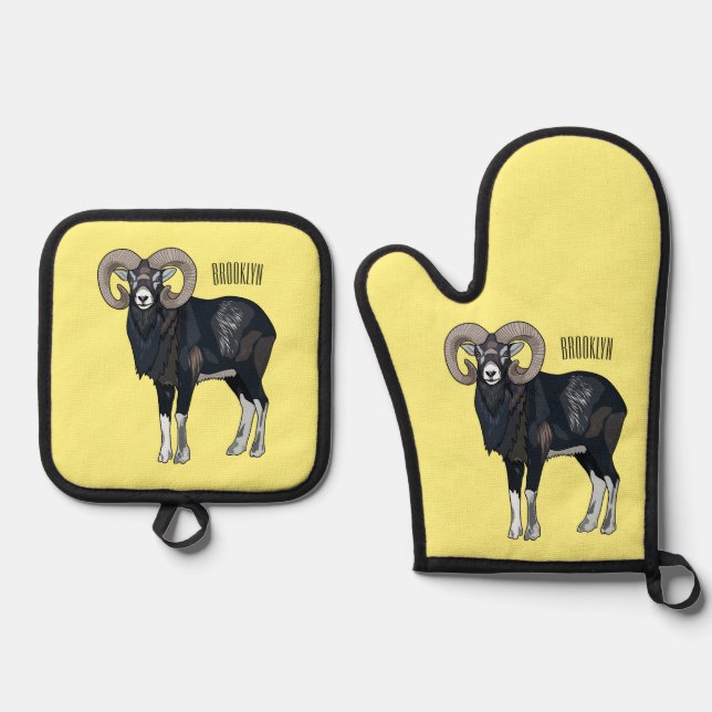 Mouflon sheep cartoon illustration oven mitt & pot holder set (Front)