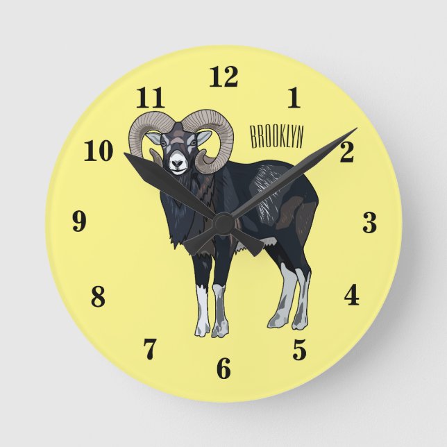 Mouflon sheep cartoon illustration round clock (Front)