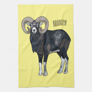 Mouflon sheep cartoon illustration tea towel