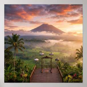 Mount Agung View Lahangan Sweet Bali Landscape Art Poster