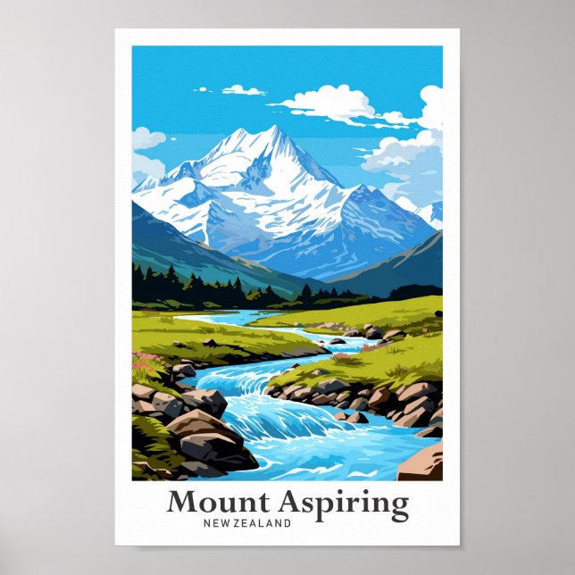 Mount Aspiring New Zealand Travel Illustration Poster (Front)