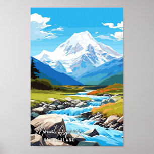 Mount Aspiring New Zealand vintage travel Poster