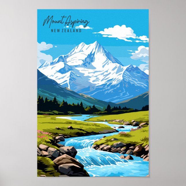 Mount Aspiring vintage travel illustration Poster (Front)