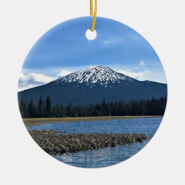 Mount Bachelor at Hosmer Lake, OR Ceramic Tree Decoration (Front)