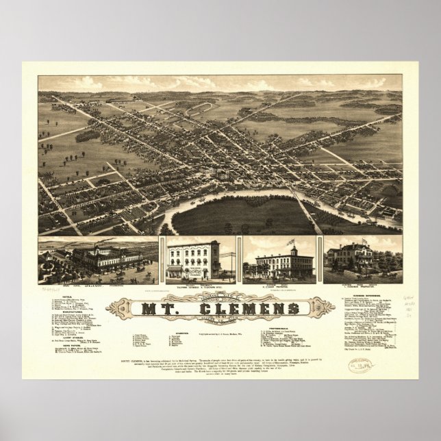 Mount Clemens Michigan 1881 Antique Panoramic Map Poster (Front)