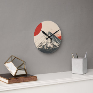 Mount Damavand Minimalist Wall Art – Red Sun Abstr Round Clock