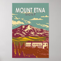 Mount Etna Sicily Travel Art Vintage