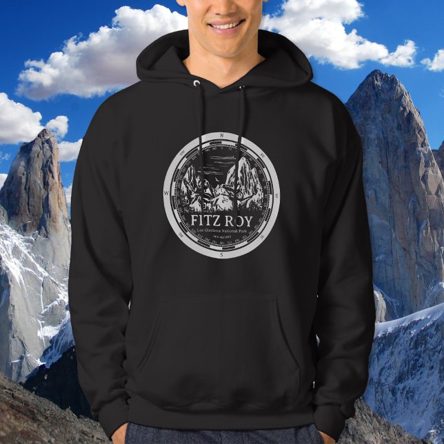 Mount Fitz Roy - Cerro Chaltén South America Hoodie (Mount Fitz Roy Hoodie in Back with a white compass and mountain illustration)