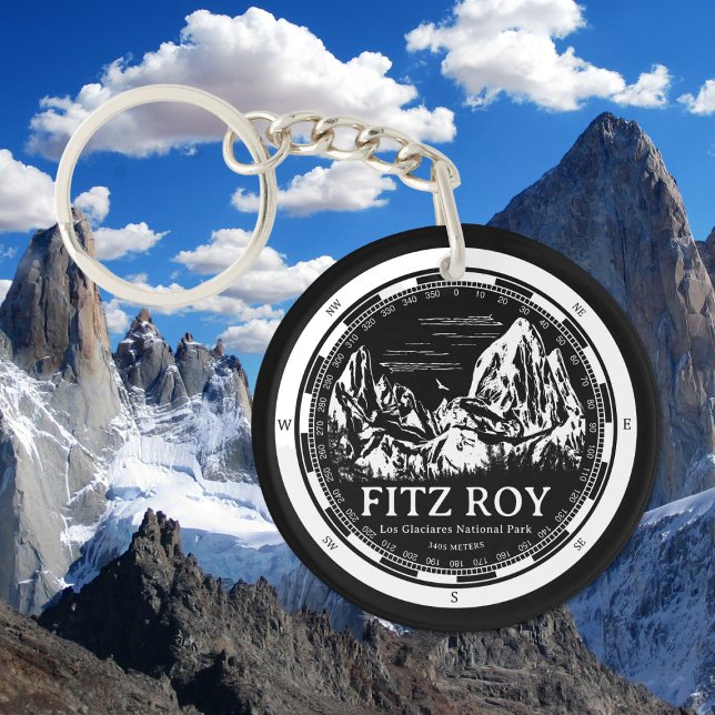 Mount Fitz Roy - Cerro Chaltén South America Key Ring (Mount Fitz Roy Keychain in Back with a white compass and mountain illustration)