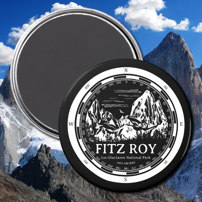 Mount Fitz Roy - Cerro Chaltén South America Magnet (Mount Fitz Roy Magnet in Back with a white compass and mountain illustration)