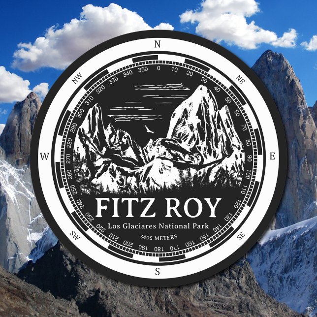 Mount Fitz Roy - Cerro Chaltén South America Round Paper Coaster (Mount Fitz Roy Coaster in Back with a white compass and mountain illustration)
