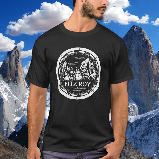 Mount Fitz Roy - Cerro Chaltén South America T-Shirt (Mount Fitz Roy T-Shirt in Back with a white compass and mountain illustration)