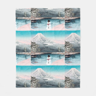 Mount Fuji and a Snowman Fleece Blanket