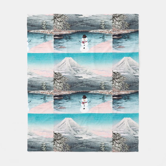 Mount Fuji and a Snowman Fleece Blanket (Front)