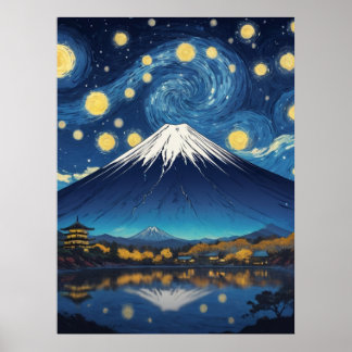 mount fuji at starry night poster