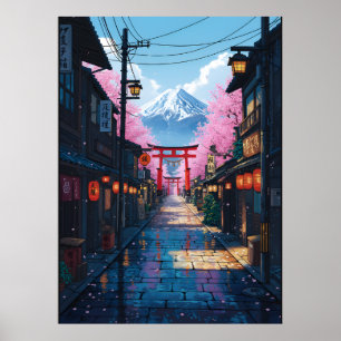 Mount Fuji Cherry Blossom Street Japanese Torii Poster
