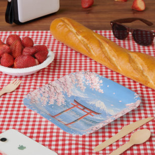 Mount Fuji, Cherry Blossoms, and a Red Torii Gate: Paper Plate