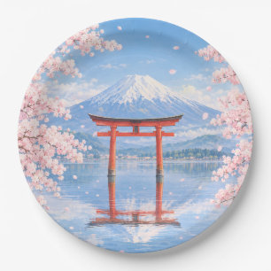 Mount Fuji, Cherry Blossoms, and a Red Torii Gate: Paper Plate