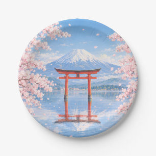 Mount Fuji, Cherry Blossoms, and a Red Torii Gate: Paper Plate