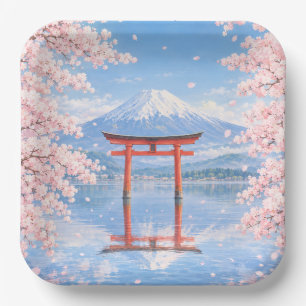 Mount Fuji, Cherry Blossoms, and a Red Torii Gate: Paper Plate