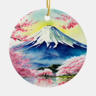 Mount Fuji Japan Watercolor Ceramic Tree Decoration