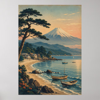 Mount Fuji Moonlit Beach Vintage Japanese Landscap Poster
