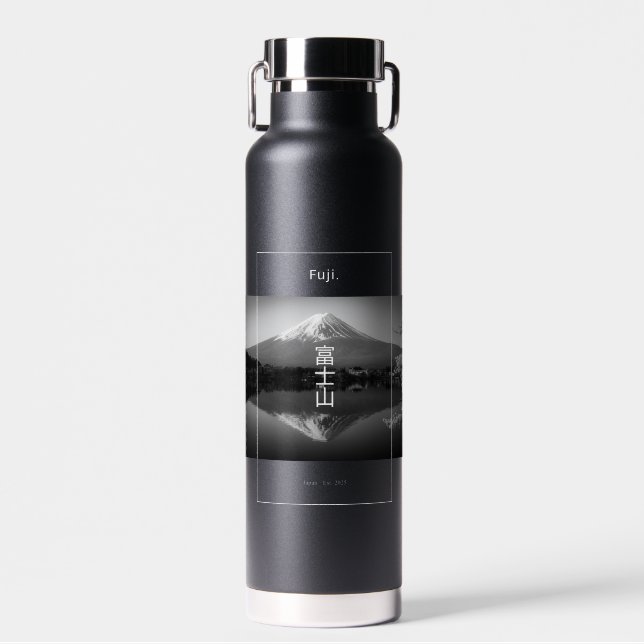Mount Fuji on Black & White Water Bottle (Front)