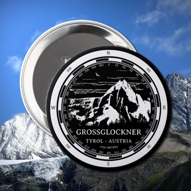 Mount Grossglockner - Tirol Austria Alps 10 Cm Round Badge (Mount Grossglockner Button in Back with a white compass and mountain illustration)