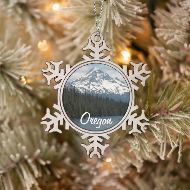 Mount Hood, Oregon Landscape Snowflake Pewter Christmas Ornament (Tree)