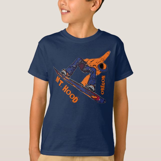 Mount Hood Oregon orange snowboard boys tee (Front)