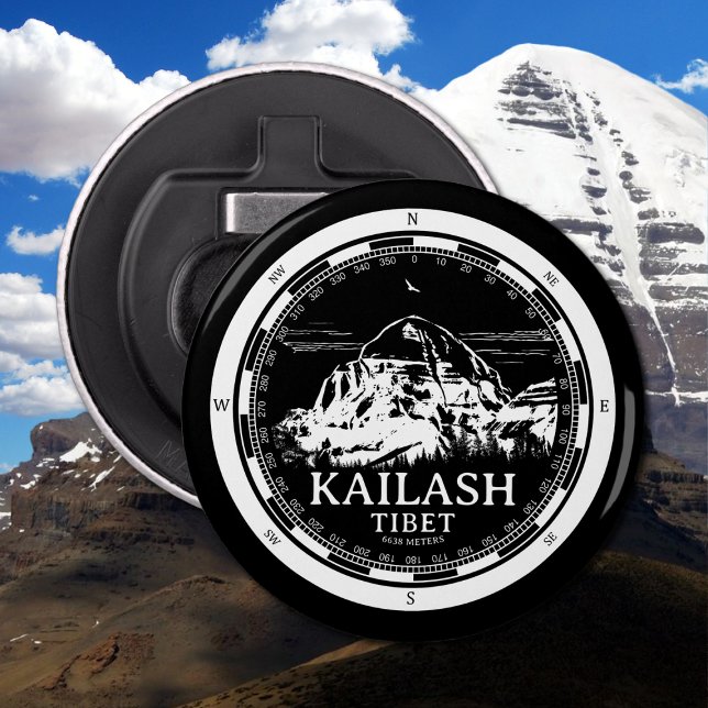 Mount Kailash - Gang Rinpoche Tibet Bottle Opener (Mount Kailash - Gang Rinpoche Bottle Opener in Back with a white compass and mountain illustration)