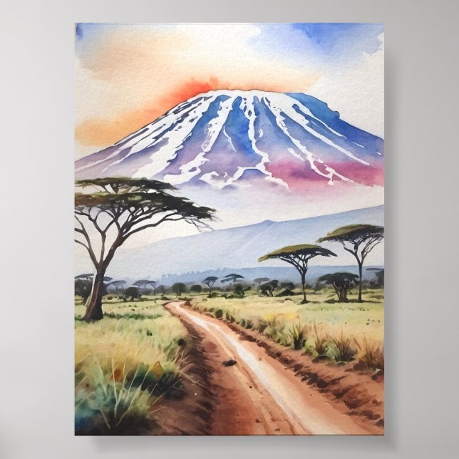 Mount Kilimanjaro Tanzania Watercolor Art Poster (Front)