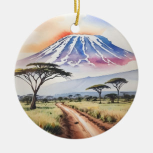 Mount Kilimanjaro Tanzania Watercolor Ceramic Tree Decoration